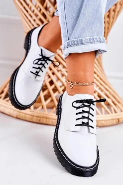 Damskie Skórzane Półbuty Oxfordy Maciejka 04087-11 Białe Lakierowane