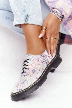 Damskie Skórzane Półbuty Oxfordy Maciejka 04087-38 Białe W Kwiaty