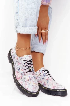 Damskie Skórzane Półbuty Oxfordy Maciejka 04087-38 Białe W Kwiaty