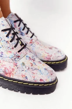 Damskie Skórzane Półbuty Oxfordy Maciejka 04087-38 Białe W Kwiaty