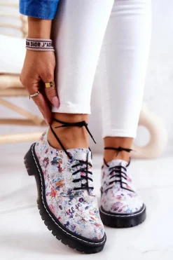 Damskie Skórzane Półbuty Oxfordy Maciejka 4087A-38 Białe W Kwiaty