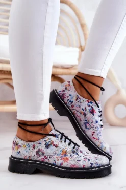 Damskie Skórzane Półbuty Oxfordy Maciejka 4087A-38 Białe W Kwiaty