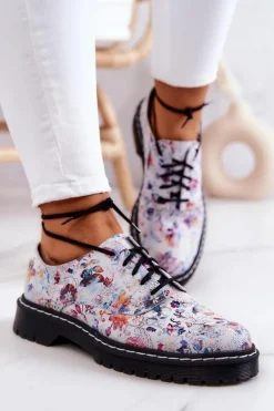 Damskie Skórzane Półbuty Oxfordy Maciejka 4087A-38 Białe W Kwiaty