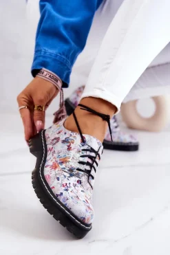 Damskie Skórzane Półbuty Oxfordy Maciejka 4087A-38 Białe W Kwiaty