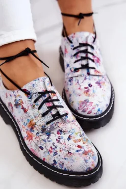 Damskie Skórzane Półbuty Oxfordy Maciejka 4087A-38 Białe W Kwiaty