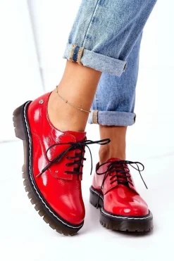 Damskie Skórzane Półbuty Oxfordy Maciejka 04087-08 Czerwone