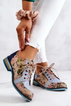 Damskie Skórzane Półbuty W Kwiaty Maciejka 5096A-34 Niebieskie