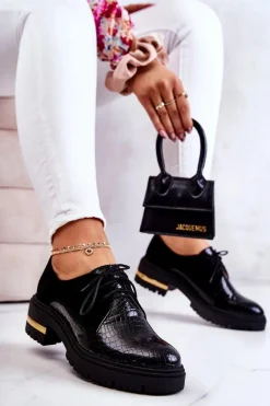 Damskie Skórzane Półbuty Wiązane Czarne Merevin