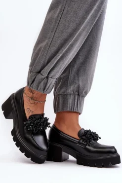 Damskie Skórzane Półbuty Z Ozdobą Czarne Renesma