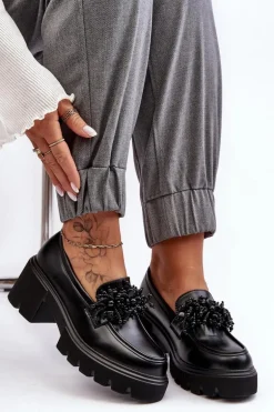 Damskie Skórzane Półbuty Z Ozdobą Czarne Renesma