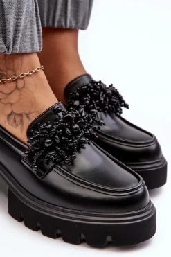Damskie Skórzane Półbuty Z Ozdobą Czarne Renesma