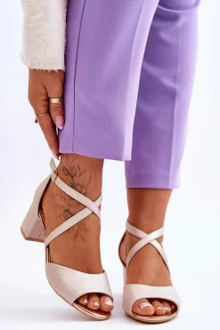 Damskie Skórzane Sandałki Na Niskim Obcasie Złote Quinn