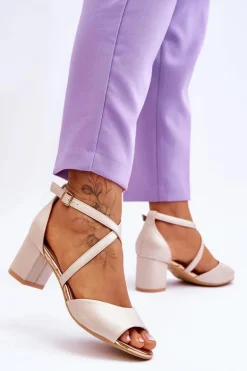 Damskie Skórzane Sandałki Na Niskim Obcasie Złote Quinn