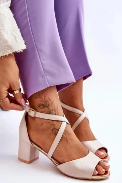 Damskie Skórzane Sandałki Na Niskim Obcasie Złote Quinn