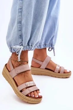 Damskie Skórzane Sandałki Na Rzep Różowe Fresh Look