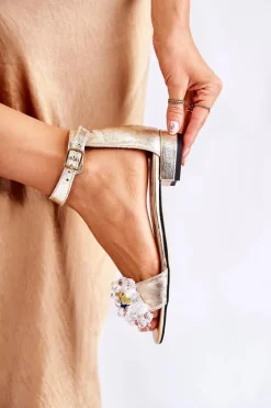 Damskie Skórzane Sandałki Na Płaskim Obcasie Złote Morlee