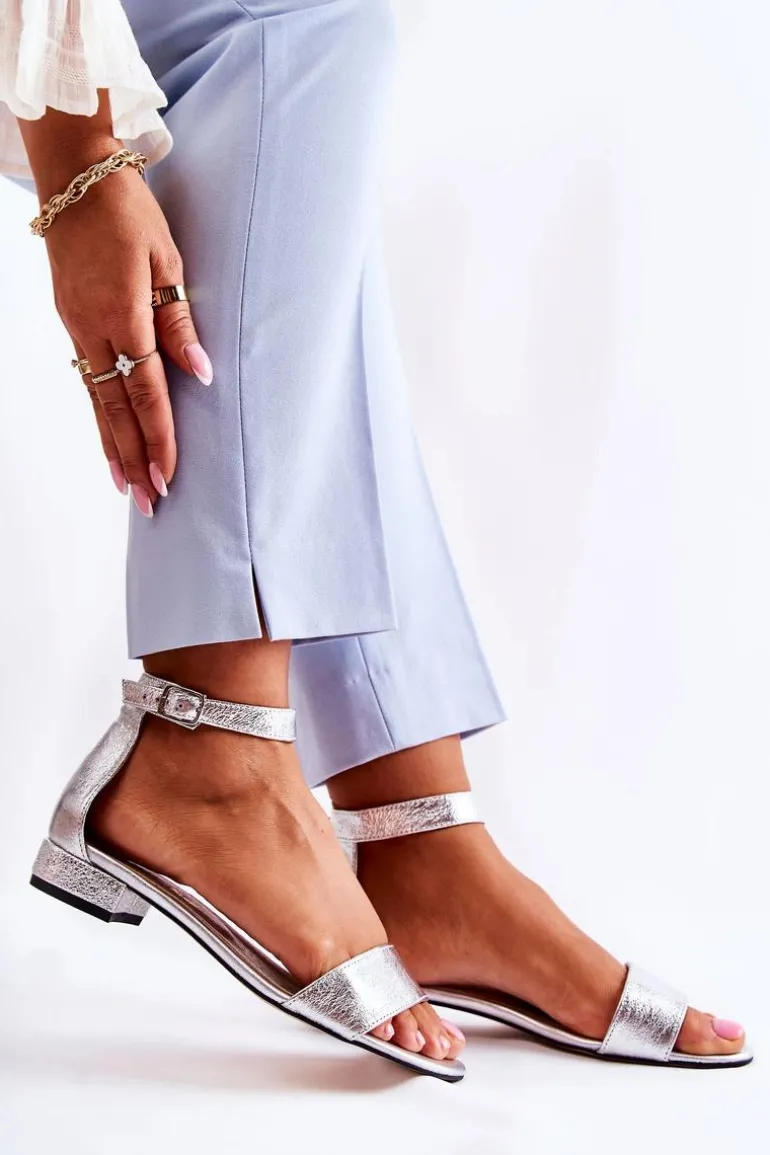 Damskie Skórzane Sandałki Srebrne Shanley