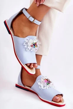 Damskie Skórzane Sandałki Z Ozdobą Niebieskie Nevassa