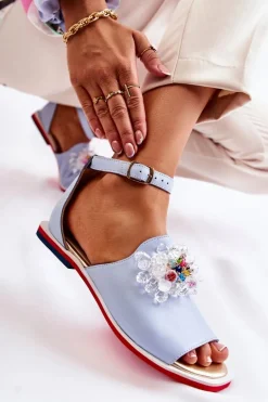 Damskie Skórzane Sandałki Z Ozdobą Niebieskie Nevassa