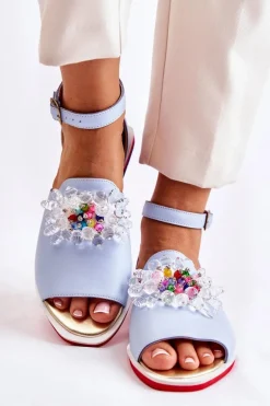 Damskie Skórzane Sandałki Z Ozdobą Niebieskie Nevassa