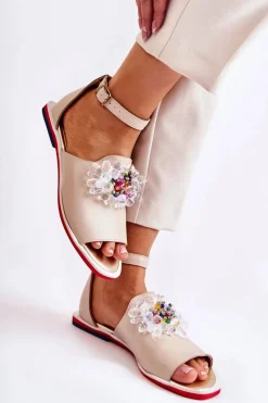 Damskie Skórzane Sandałki Z Ozdobą Beżowe Nevassa