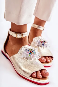 Damskie Skórzane Sandałki Z Ozdobą Złote Nevassa