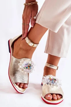 Damskie Skórzane Sandałki Z Ozdobą Złote Nevassa
