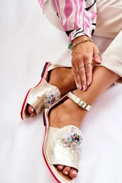 Damskie Skórzane Sandałki Z Ozdobą Złote Nevassa