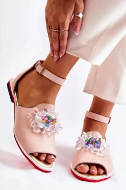 Damskie Skórzane Sandałki Z Ozdobą Jasnoróżowe Nevassa