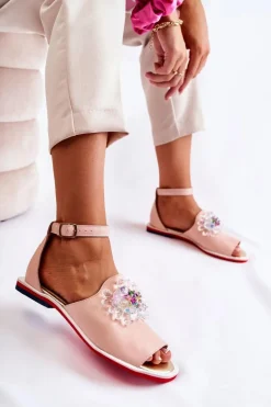 Damskie Skórzane Sandałki Z Ozdobą Jasnoróżowe Nevassa