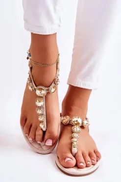 Damskie Skórzane Sandały Japonki Z Ozdobnym Paskiem Beżowe Juliana