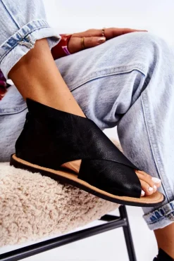 Damskie Skórzane Sandały Na Szeroką Stopę Czarne Catalise