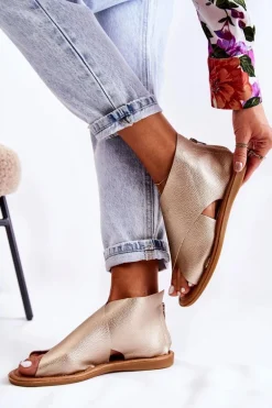 Damskie Skórzane Sandały Na Szeroką Stopę Złote Catalise