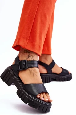 Damskie Skórzane Sandały Na Płaskim Obcasie Czarne Dean