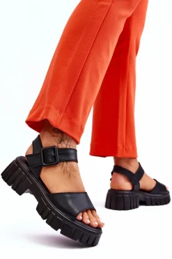 Damskie Skórzane Sandały Na Płaskim Obcasie Czarne Dean