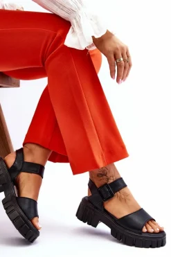 Damskie Skórzane Sandały Na Płaskim Obcasie Czarne Dean