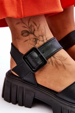 Damskie Skórzane Sandały Na Płaskim Obcasie Czarne Dean