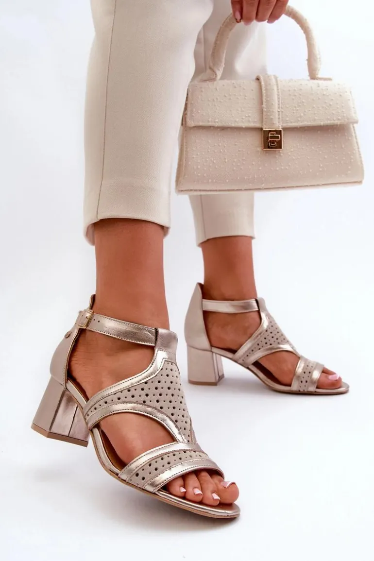 Damskie Skórzane Sandały Na Słupku Maciejka 06459-25 Beżowo-Złote