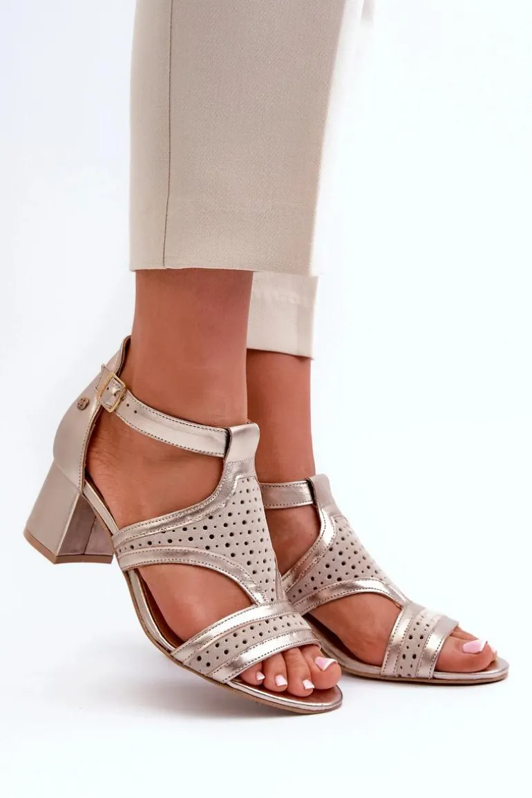 Damskie Skórzane Sandały Na Słupku Maciejka 06459-25 Beżowo-Złote