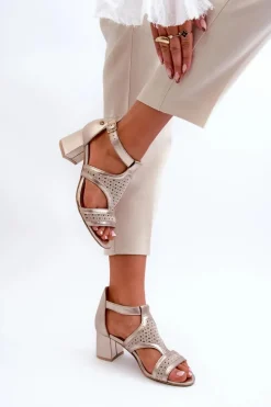 Damskie Skórzane Sandały Na Słupku Maciejka 06459-25 Beżowo-Złote