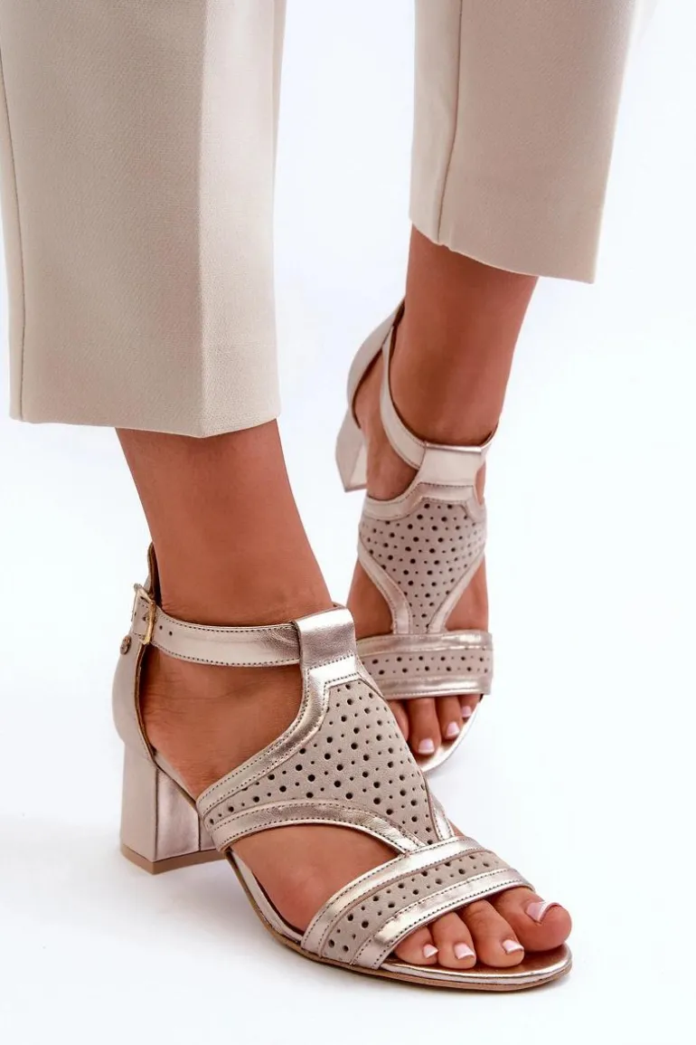 Damskie Skórzane Sandały Na Słupku Maciejka 06459-25 Beżowo-Złote