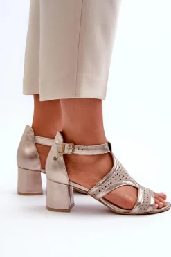 Damskie Skórzane Sandały Na Słupku Maciejka 06459-25 Beżowo-Złote