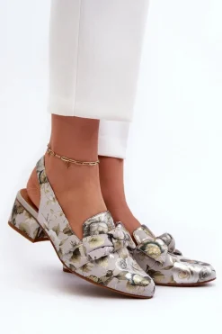 Damskie Skórzane Sandały Na Niskim Obcasie W Kwiaty Maciejka N6539-38 Zielone