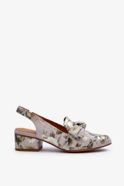 Damskie Skórzane Sandały Na Niskim Obcasie W Kwiaty Maciejka N6539-38 Zielone