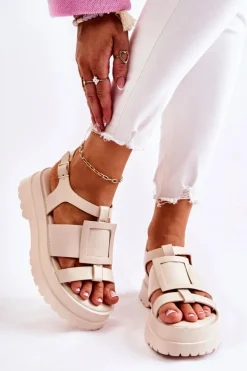 Damskie Skórzane Sandały Na Platformie Beżowe Corene