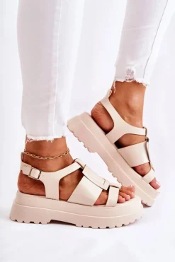 Damskie Skórzane Sandały Na Platformie Beżowe Corene