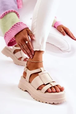 Damskie Skórzane Sandały Na Platformie Beżowe Corene