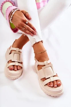 Damskie Skórzane Sandały Na Platformie Beżowe Corene