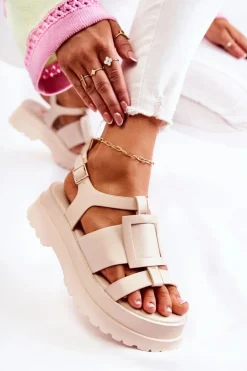 Damskie Skórzane Sandały Na Platformie Beżowe Corene