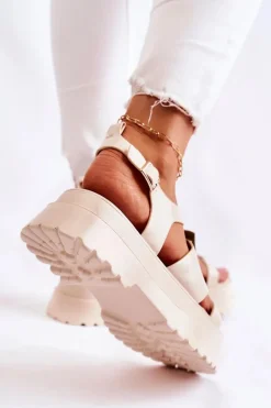 Damskie Skórzane Sandały Na Platformie Beżowe Corene